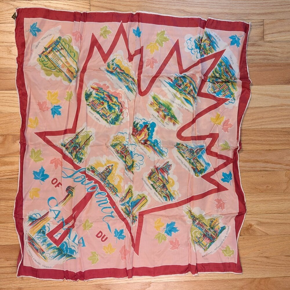 vintage canada souvenir scarf canada maple leaf destination 27" x 26" squarf